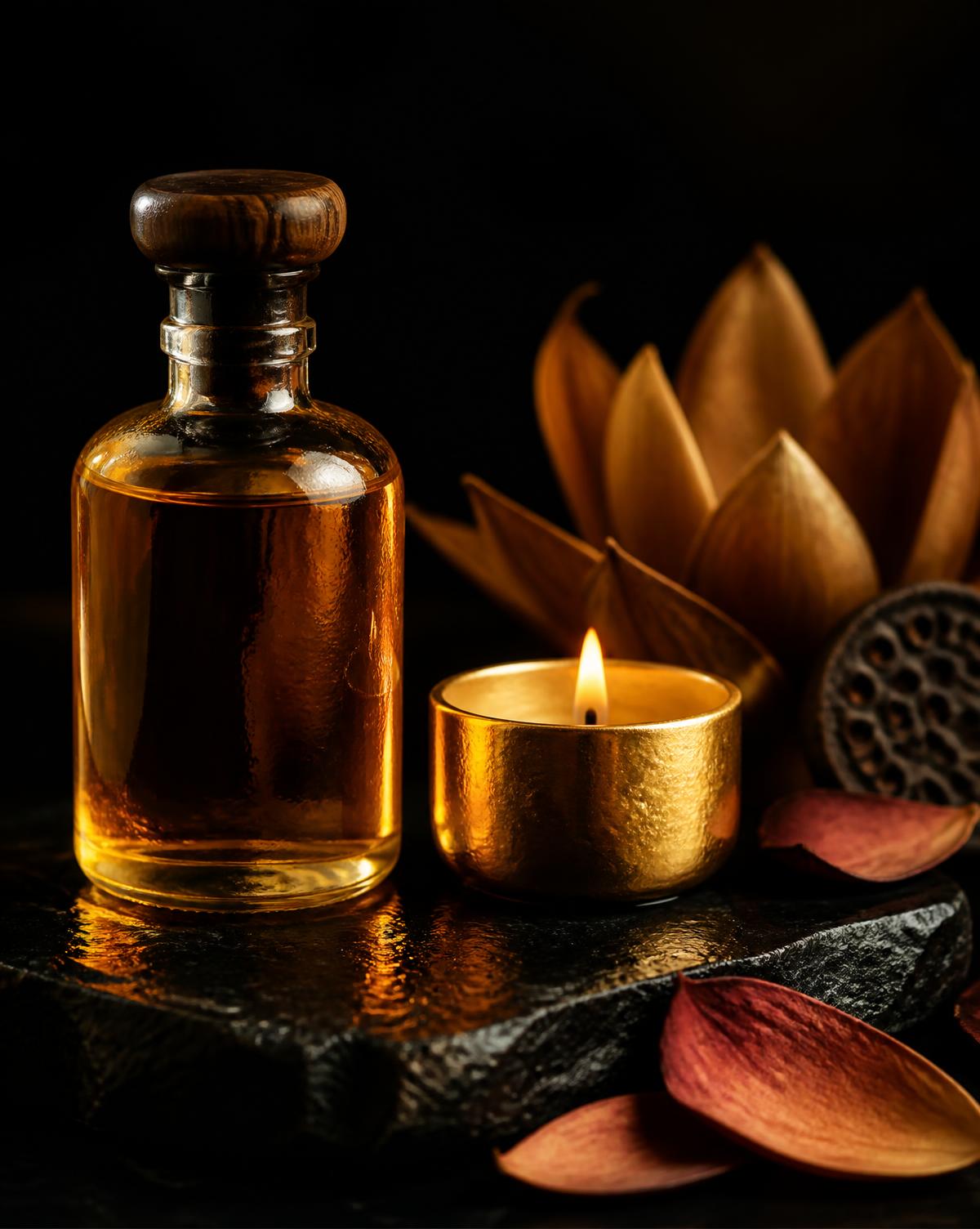 Aceite tibio y vela encendida sobre piedra negra